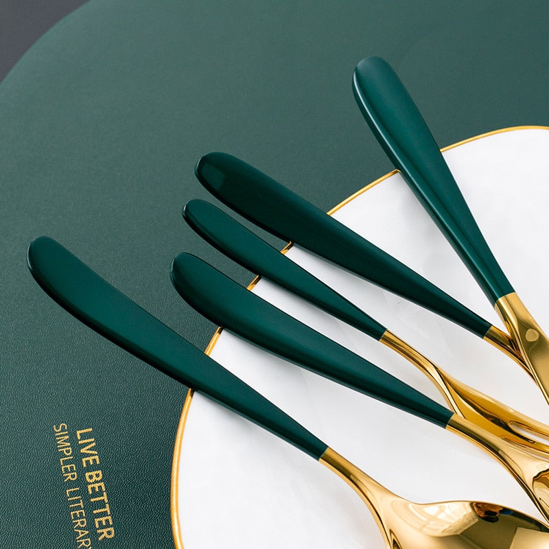 stainless steel gold and dark green mirror finish cutlery set