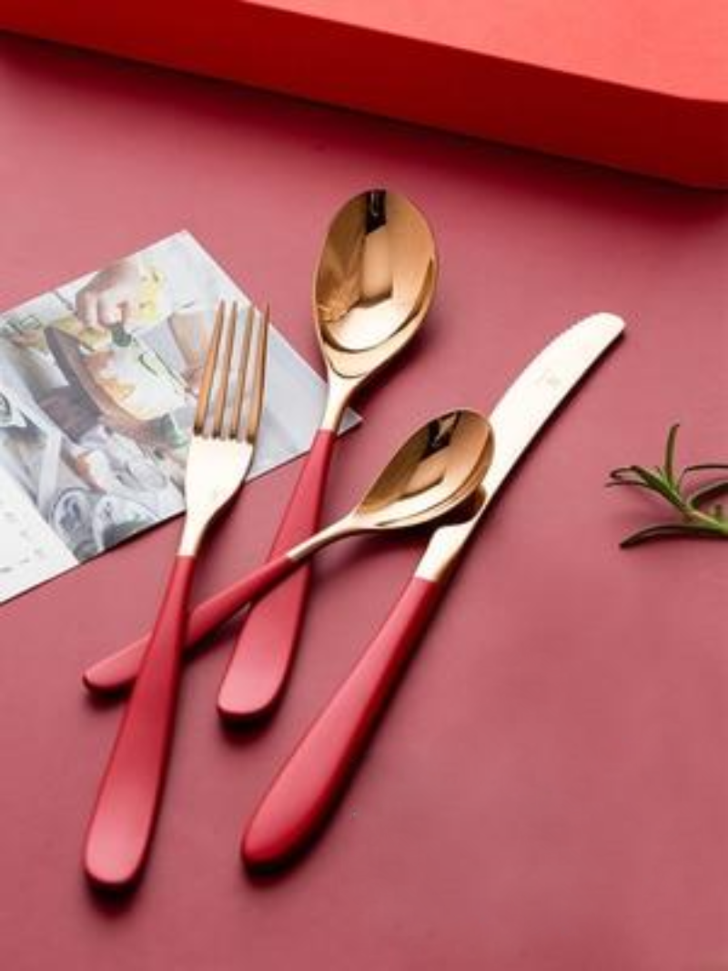 stainless steel gold and red mirror finish cutlery set