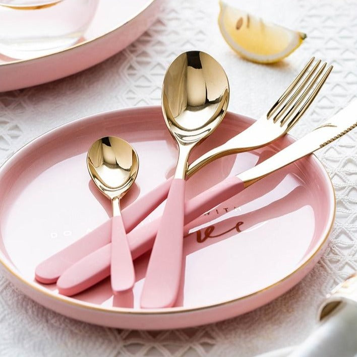 stainless steel gold and pink mirror finish cutlery set