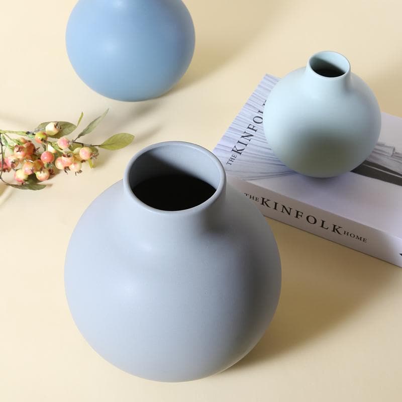 Shades of Blue Beige and Jade Ceramic Porcelain Round Vase Set Water Drop shape Modern Abstract
