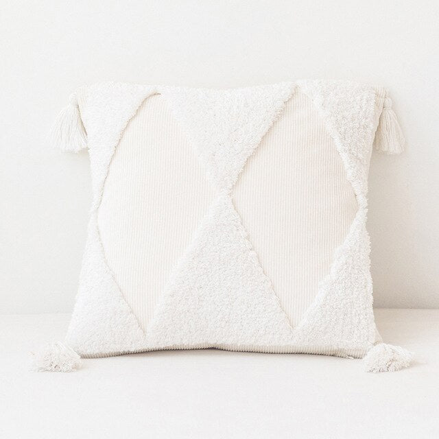 square velvet corduroy textured white pillow cover with tassel