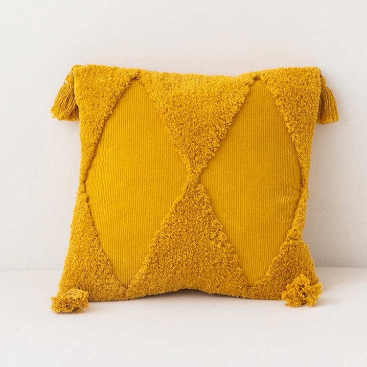square velvet corduroy textured yellow pillow cover with tassel