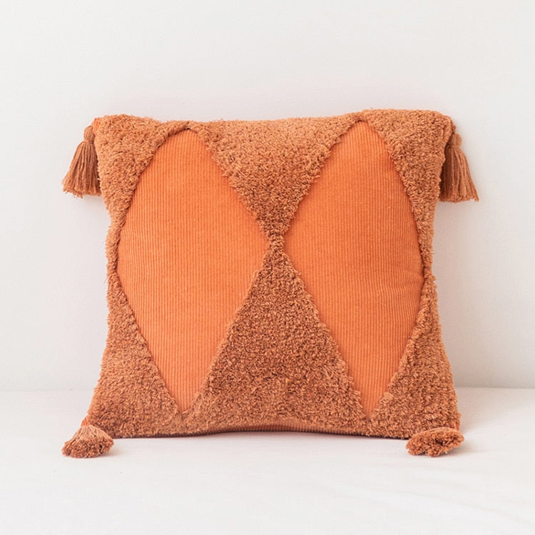 square velvet corduroy textured orange pillow cover with tassel
