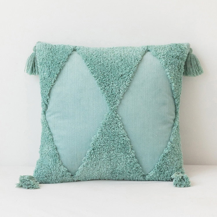 square velvet corduroy textured sky blue pillow cover with tassel