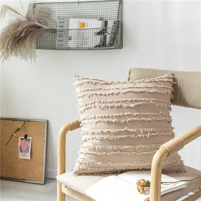 square Cotton Polyester Embroidered tassel beige cushion cover with zipper