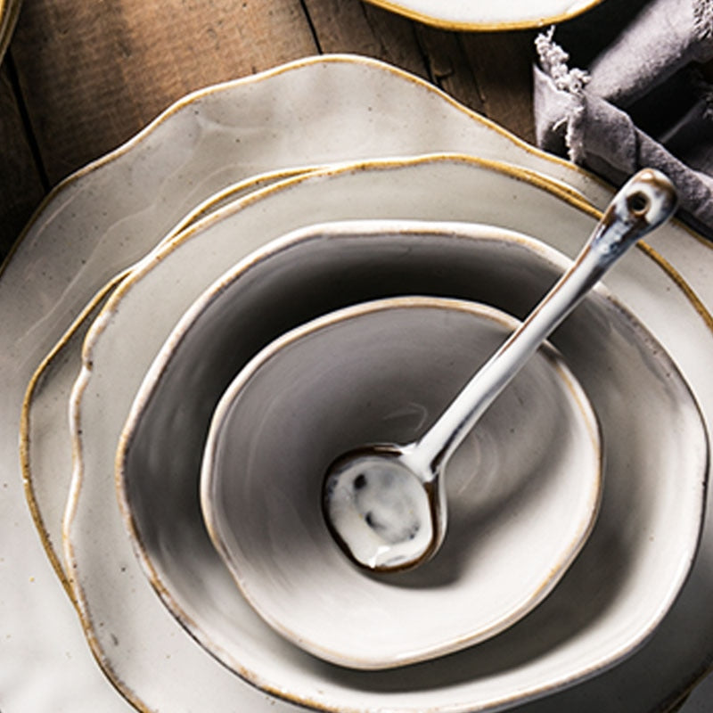 round abstract gold trim edges white ceramic dinnerware