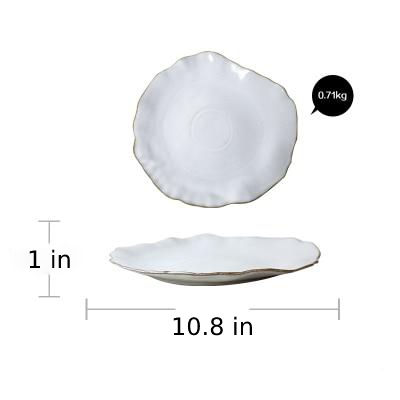 round abstract gold trim edges white ceramic plate