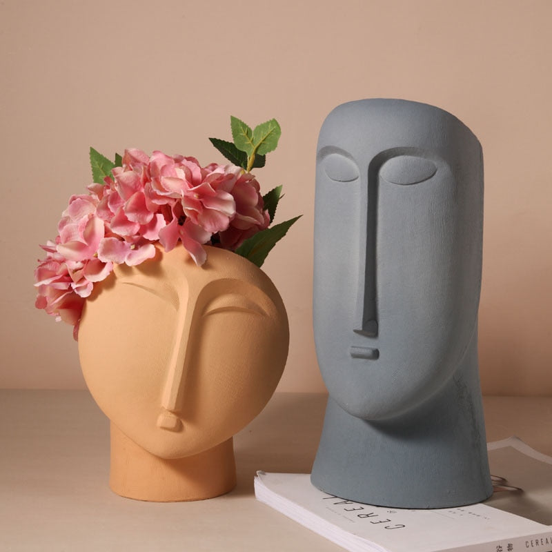 face handpainted porcelain and ceramic orange grey vase