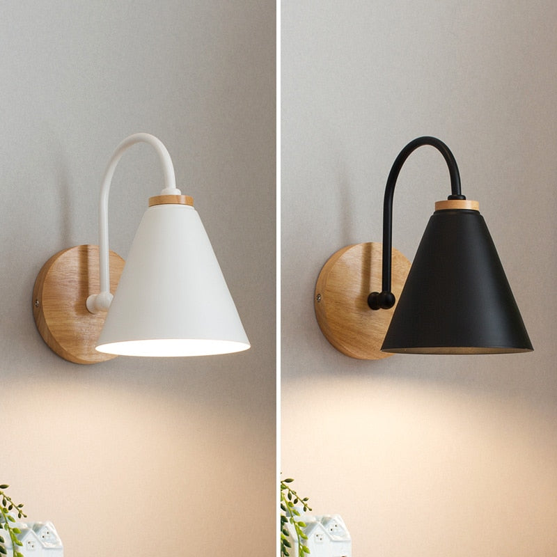 wooden iron cone lampshade white black wall lamp
