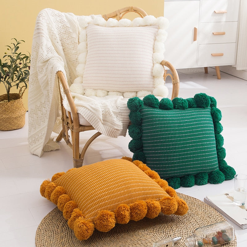 square cotton knitted fringed pompoms ivory green yellow cushion cover