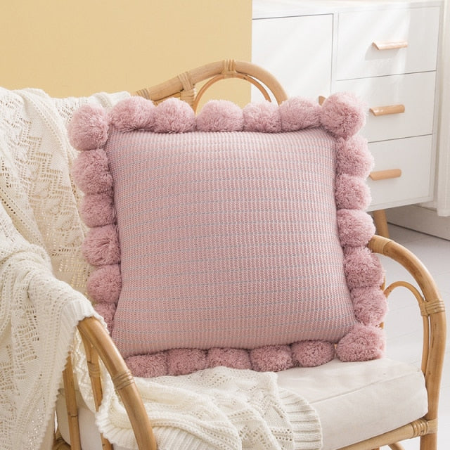 square cotton knitted fringed pompoms pink cushion cover