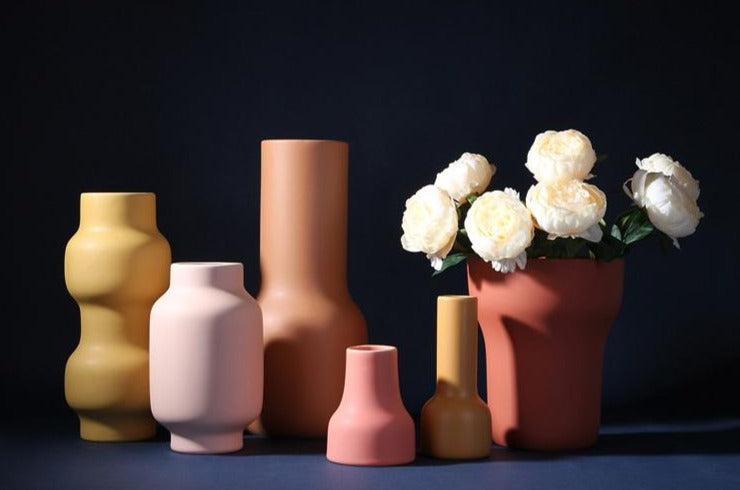 asbtract Soft Berry, Peach, and Mustard color palette Ceramic Porcelain flower vase
