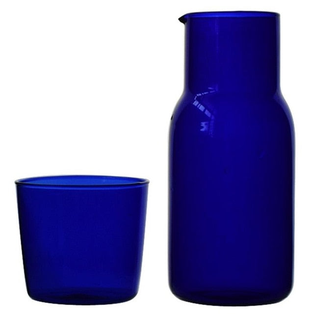 vibrant colored glass water jar and cup