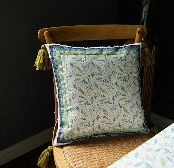 square velvet cloth printed vintage green pattern with tassels cushion cover
