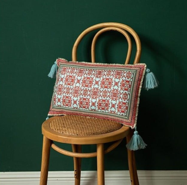 square velvet cloth printed vintage red pattern with tassels cushion cover