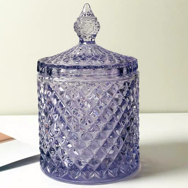 round crystal glass diamond embossed plum container