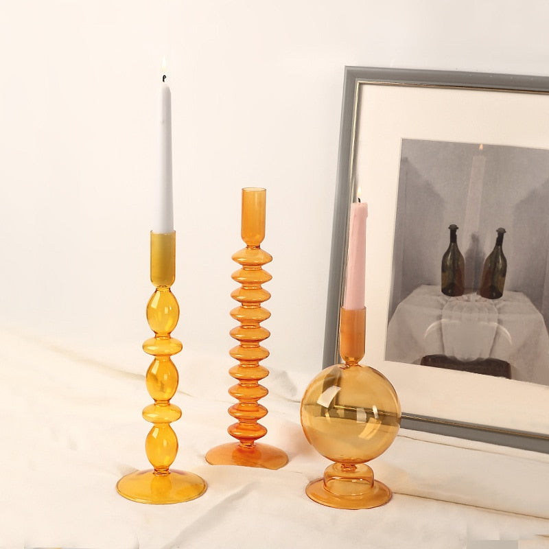 abstract blown glass orange candle holders