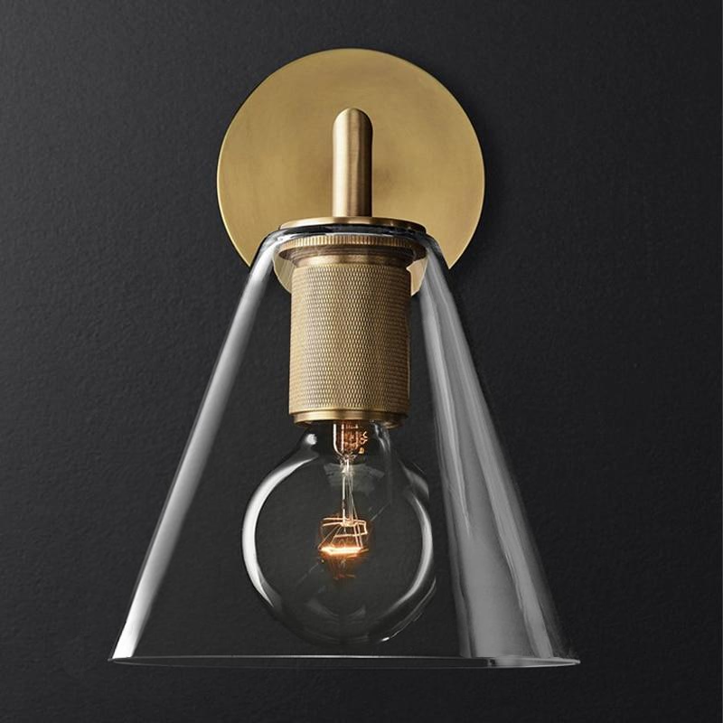 Armed Retro Braass Wall Sconce with Glass Shade Cone industrial art deco wall lamp brass glass 