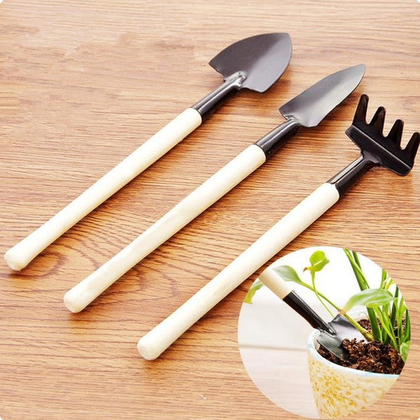 wooden 3 pcs set mini spade shovel harrow iron with wooden handle