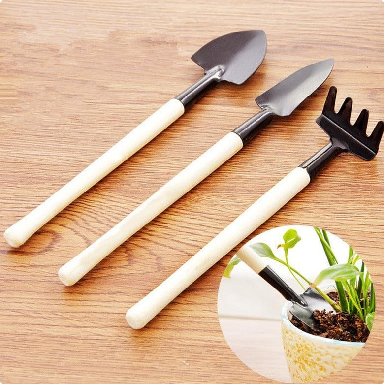 wooden 3 pcs set mini spade shovel harrow iron with wooden handle