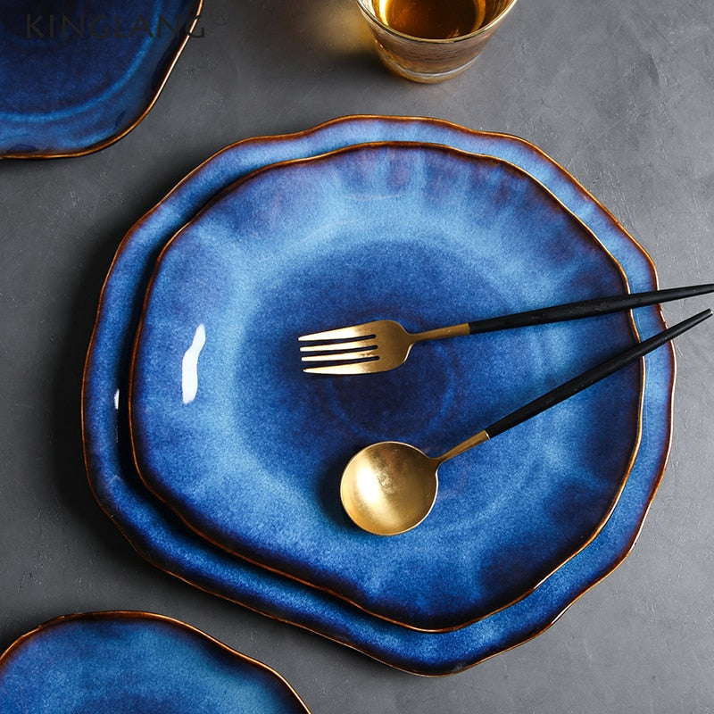 abstract rough edges cat-eye pattern blue glazed ceramic plate