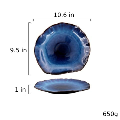 abstract rough edges cat-eye pattern blue glazed ceramic plate