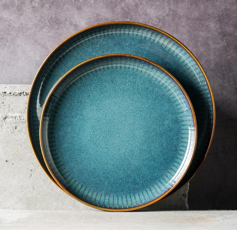 round ceramic porcelain kiln glazed blue cat eye tableware