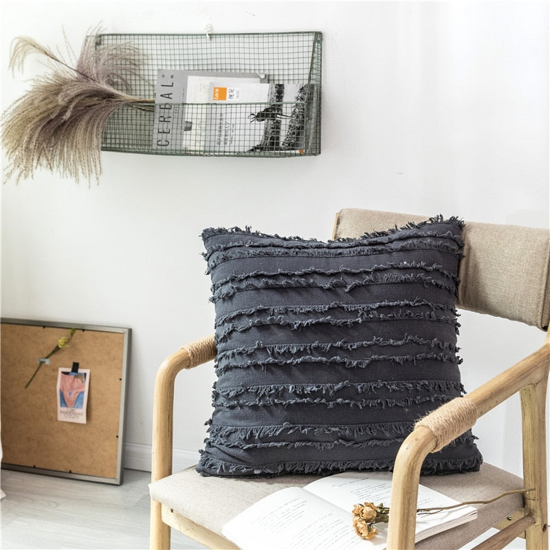 square Cotton Polyester Embroidered tassel grey cushion cover with zipper