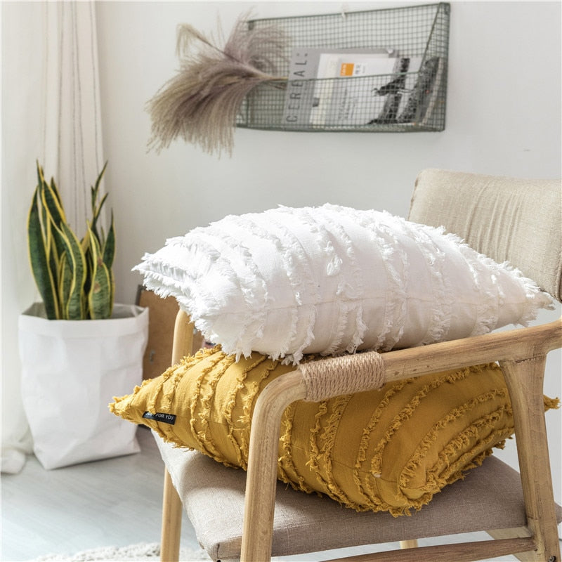 square Cotton, Polyester Embroidered tassel yellow white  cushion cover with zipper