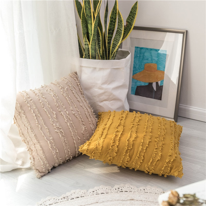 square Cotton, Polyester Embroidered tassel yellow .beige cushion cover with zipper