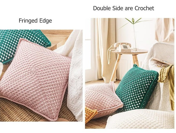 square crocheted see-through pattern fringed ends Yellow Pink Green Cream pillow case