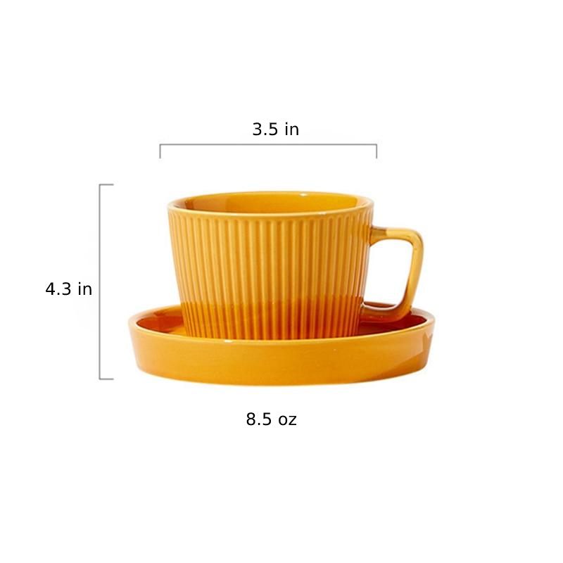 round textured stripe orange ceramic cup with matching saucer
