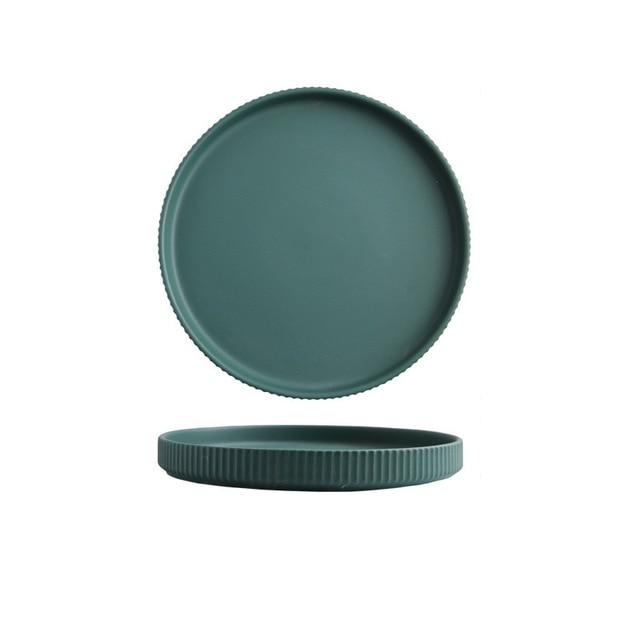 round ceramic textured stripe exterior green plate