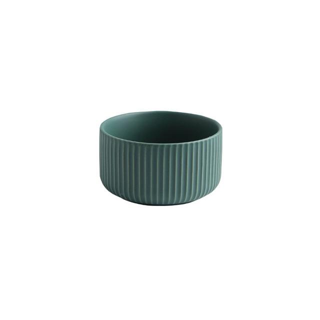 round ceramic textured stripe exterior green bowl