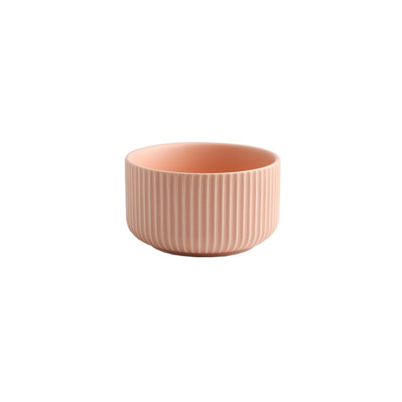 round ceramic textured stripe exterior pink bowl