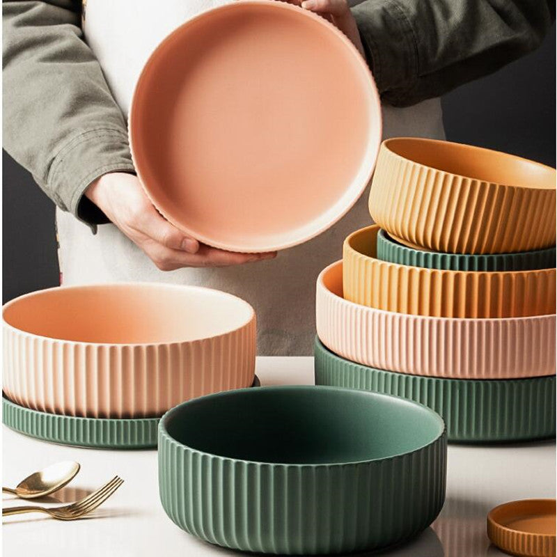 round ceramic textured stripe exterior pink yellow green plates and bowls