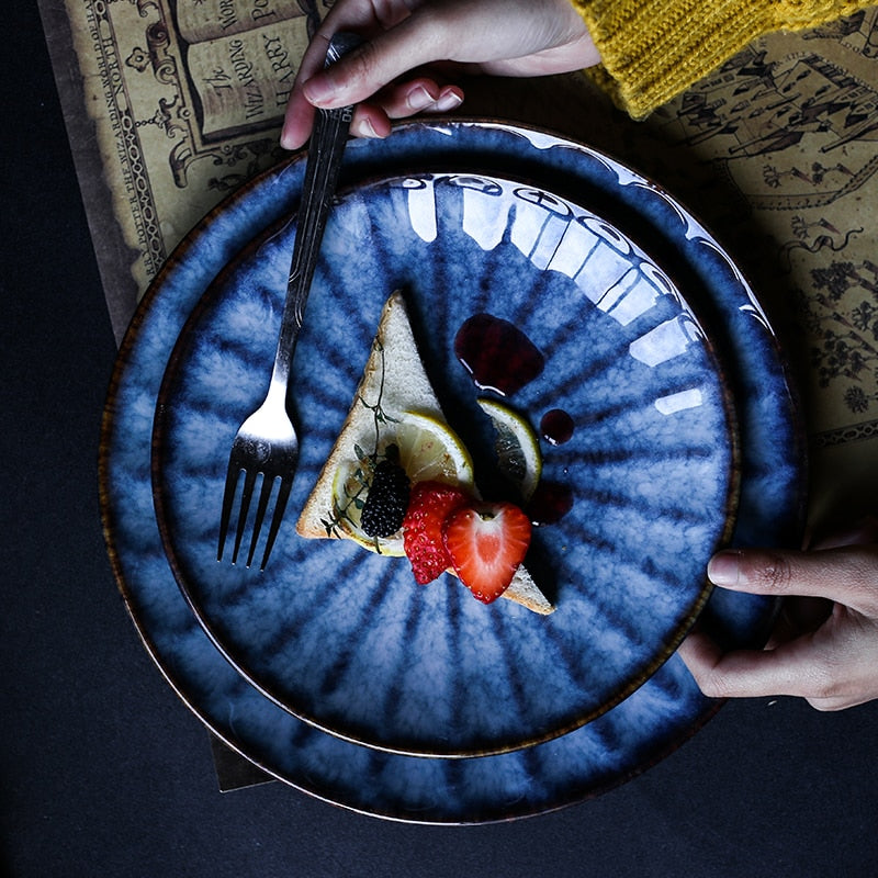 Japanese Style Ceramic Deep Blue HD Cat Eye Round Plate