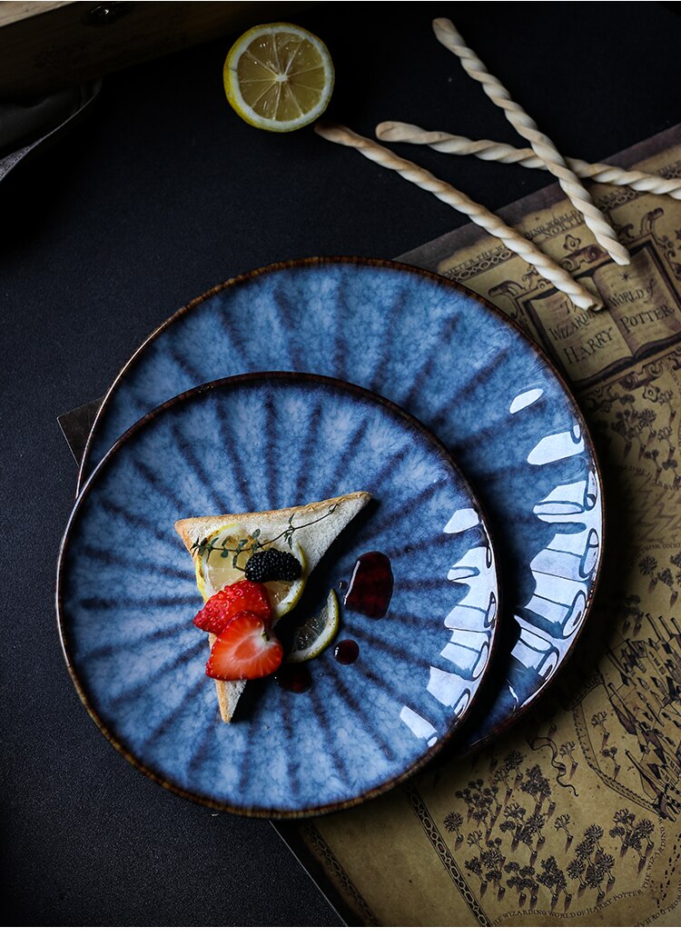 Japanese Style Ceramic Deep Blue HD Cat Eye Round Plate