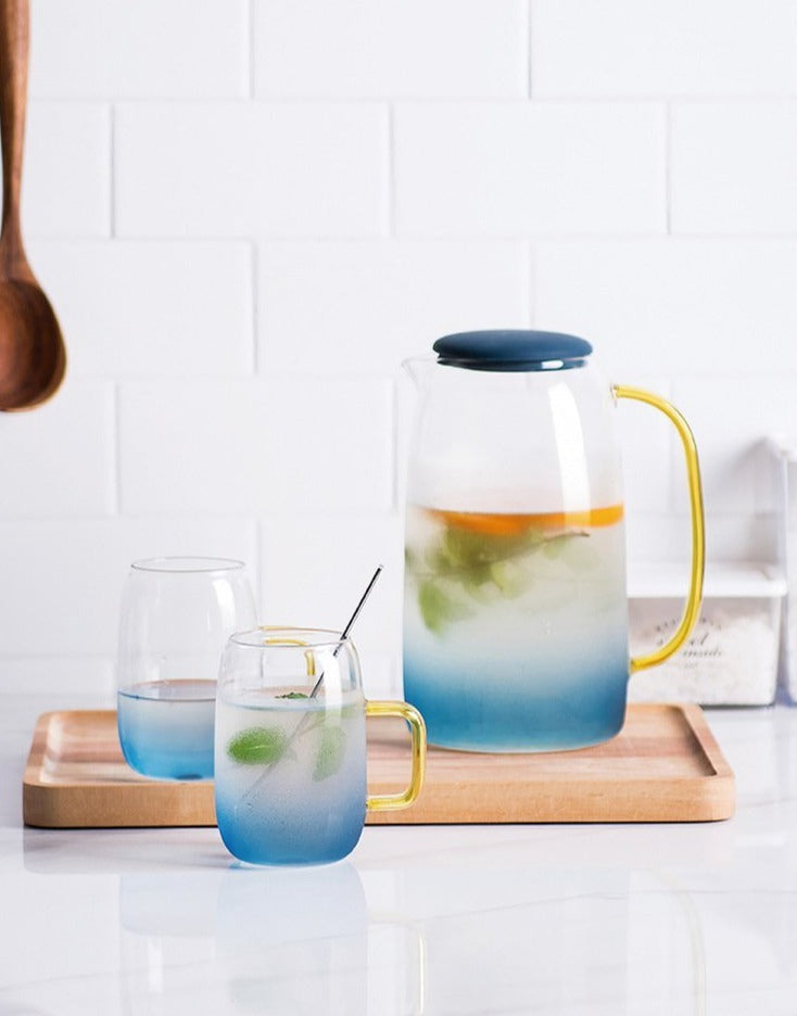 Gradient blue Borosilicate glass with gold handles pitcher and cups