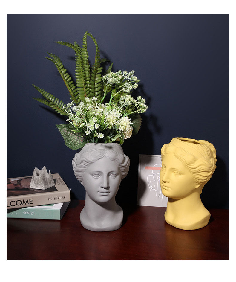 Neoclassical face ceramic resin planter with bottom pot hole