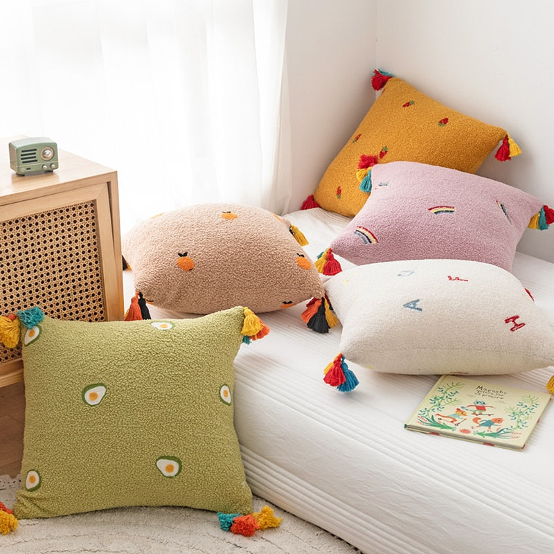 Fluffy Embroidered Multicolored Tassel Pillow Cover