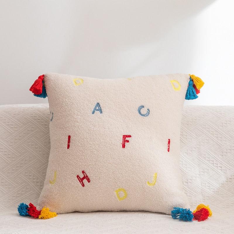 Fluffy Embroidered Multicolored Tassel Pillow Cover Alphabet