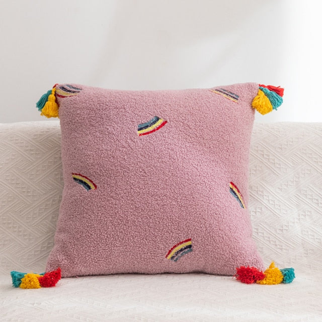 Fluffy Embroidered Multicolored Tassel Pillow Cover Rainbow