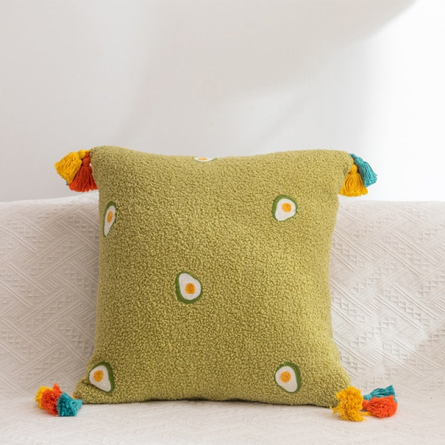 Fluffy Embroidered Multicolored Tassel Pillow Cover Avocado