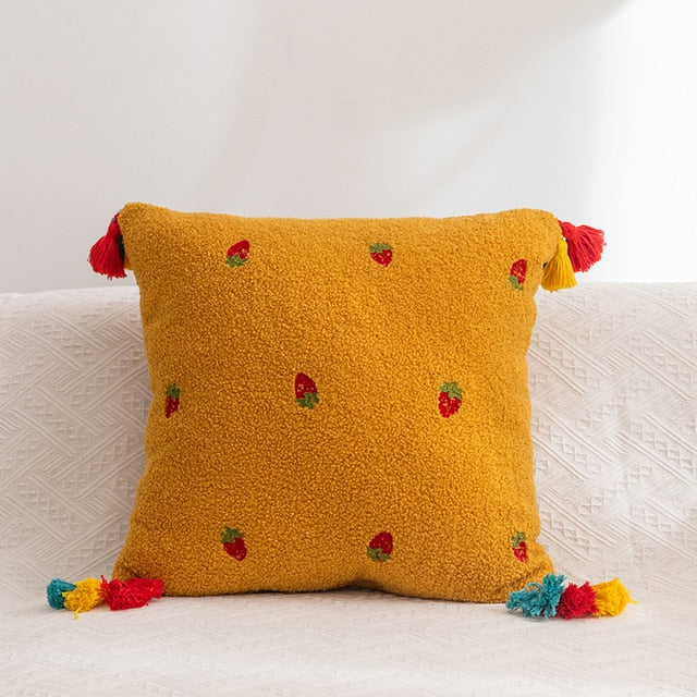 Fluffy Embroidered Multicolored Tassel Pillow Cover Strawberry
