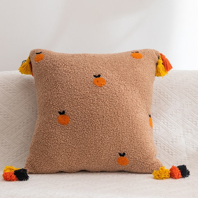 Fluffy Embroidered Multicolored Tassel Pillow Cover Orange
