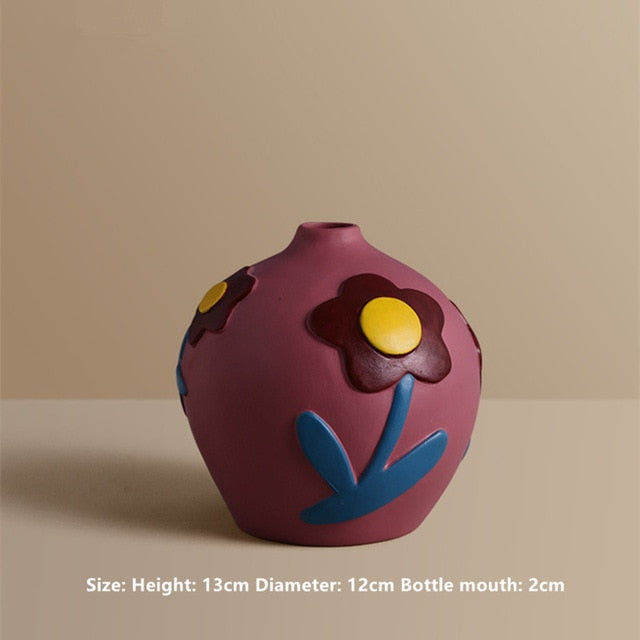 round cylindrical embossed flower design colorful ceramic vase