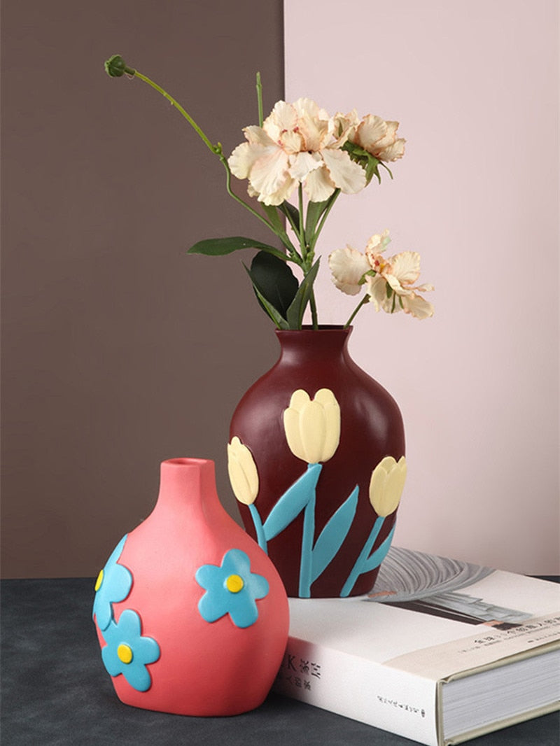 round cylindrical embossed flower design colorful ceramic vase