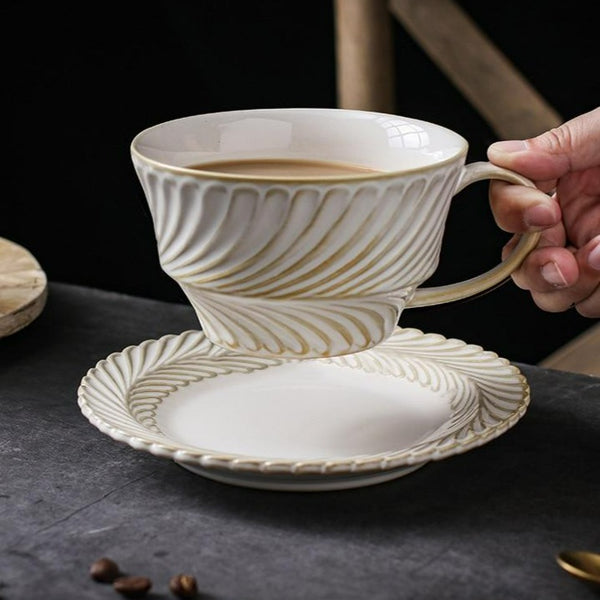 Ceramic Handmade Vintage Leaf Design Cup and Saucer Ecru
