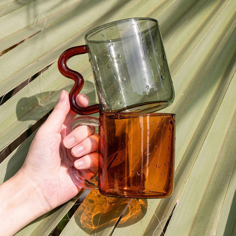 Wave Handle Glass Mug, Modern Drinkwear, Tea/coffee Wavy Glass Cup,  Beverage Glass Cup, Drinking Glasses, Kitchen Decor 